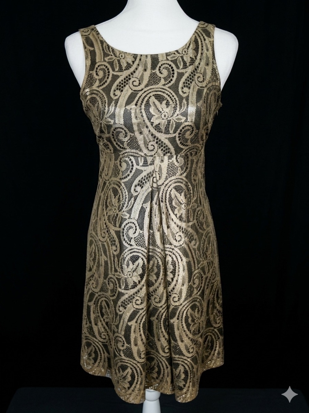 Tibi Metallic Gold Bronze Paisley Lace Overlay‎ Pleated Shift Cocktail Dress 2